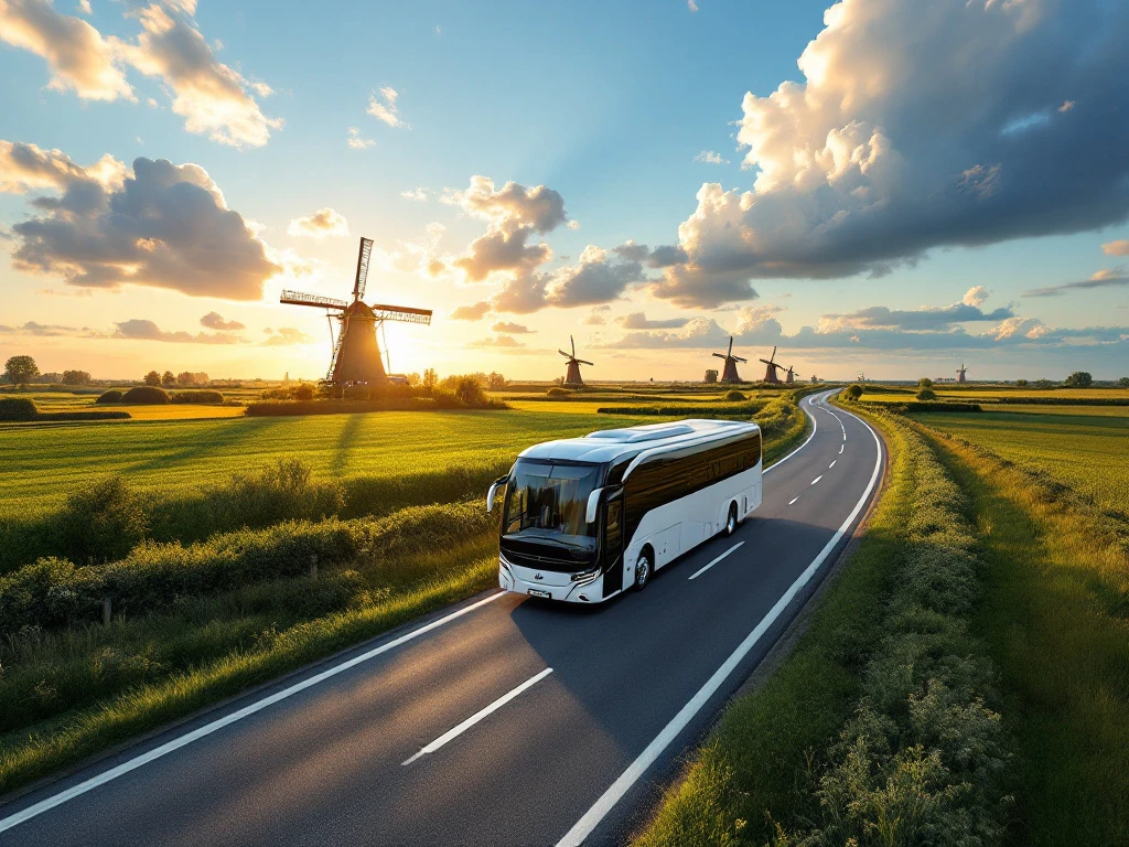 Witte touringcar op Nederlandse snelweg met molens en groene velden tijdens gouden uur
