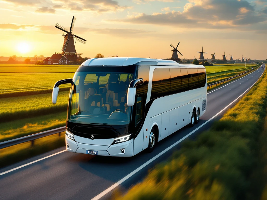Moderne witte en blauwe touringcar rijdt over Nederlandse snelweg door vlak groen landschap met windmolens op achtergrond