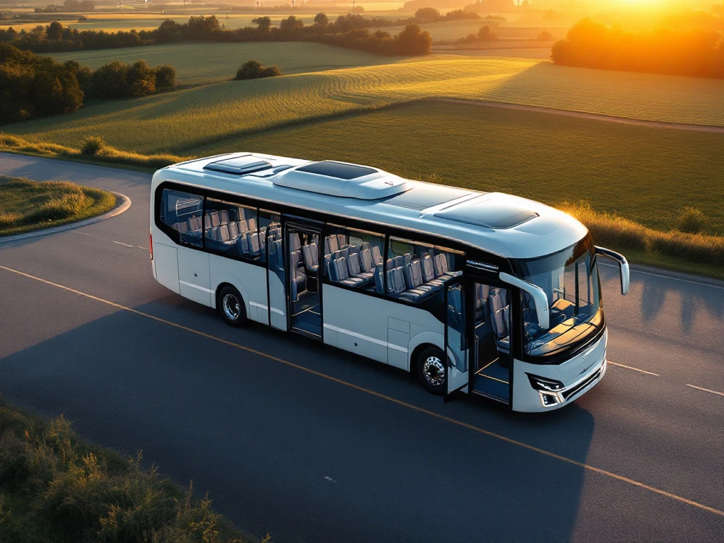 Luxe witte en blauwe touringcar met open deur toont ruime interieur, geparkeerd in Nederlands landschap met molens