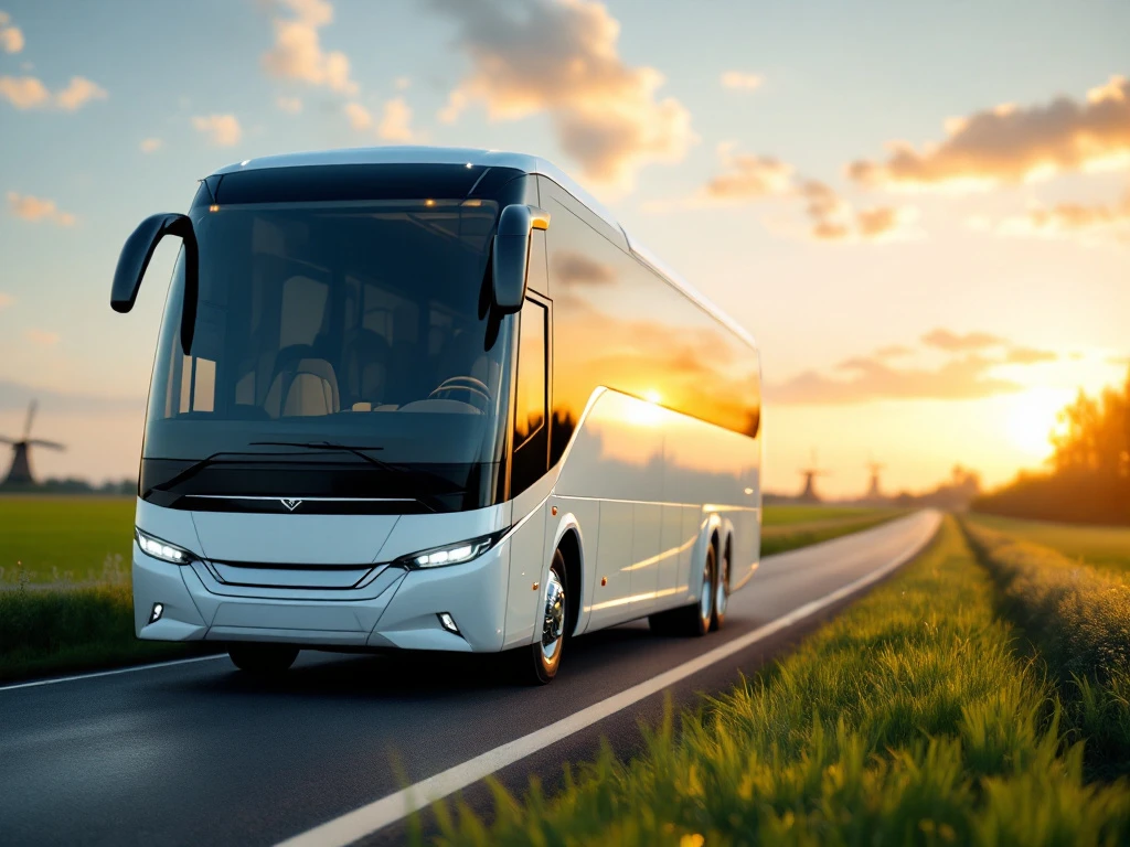 Witte luxe touringcar op Nederlandse snelweg met windmolens op achtergrond tijdens gouden uur