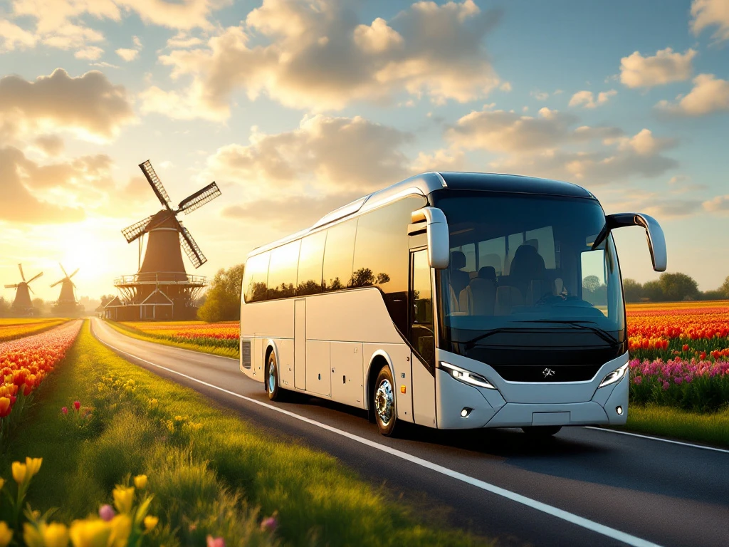 Luxe touringcar rijdt door Nederlands landschap met windmolens en tulpenvelden tijdens gouden uurtje