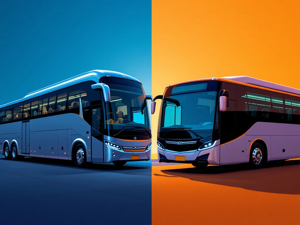 Luxe touringcar en stadsbus naast elkaar op blauwe naar oranje verlopende achtergrond, beide voertuigen in driekwarthoek