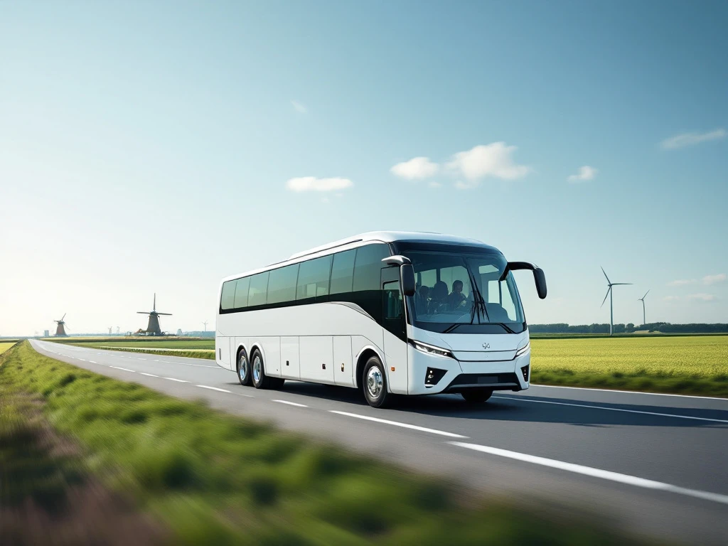 Moderne witte touringcar voor 50 passagiers rijdt over Nederlandse snelweg met polders en windmolens op achtergrond