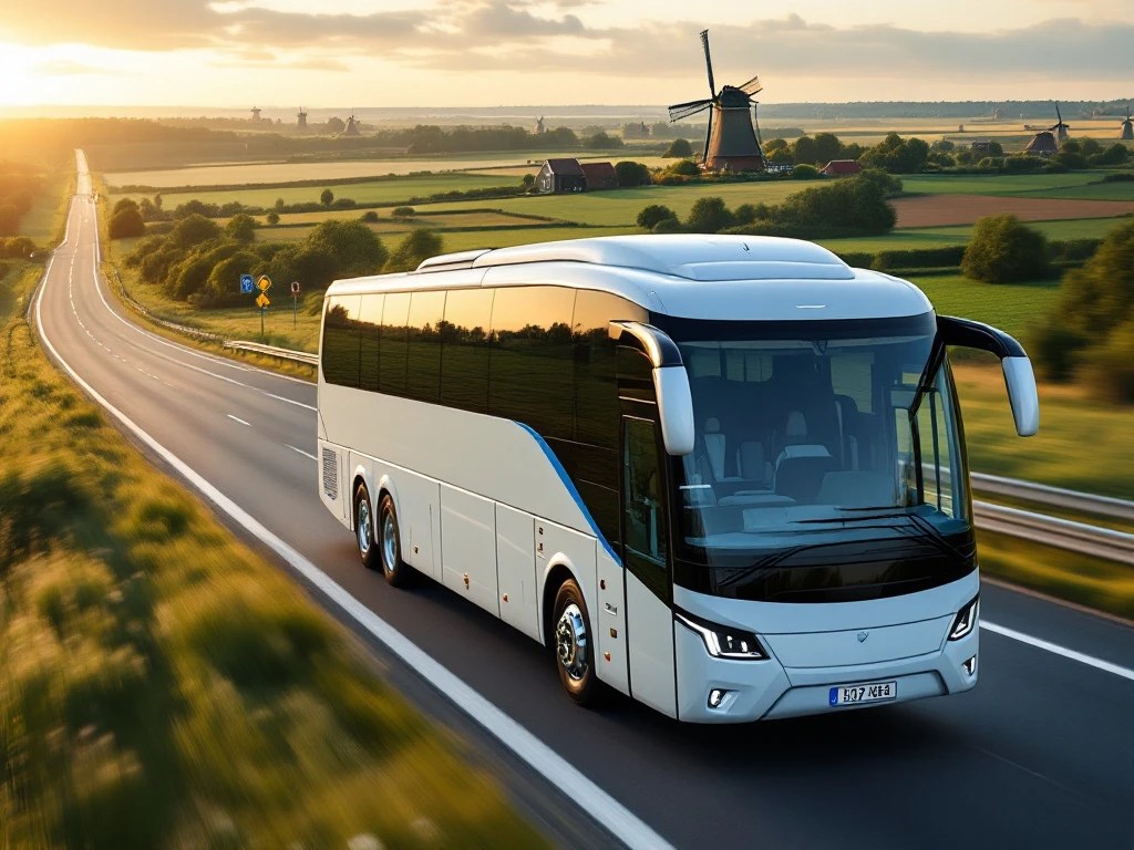 Moderne witte en blauwe touringcar rijdt over Nederlandse snelweg met windmolens en groene polders op de achtergrond