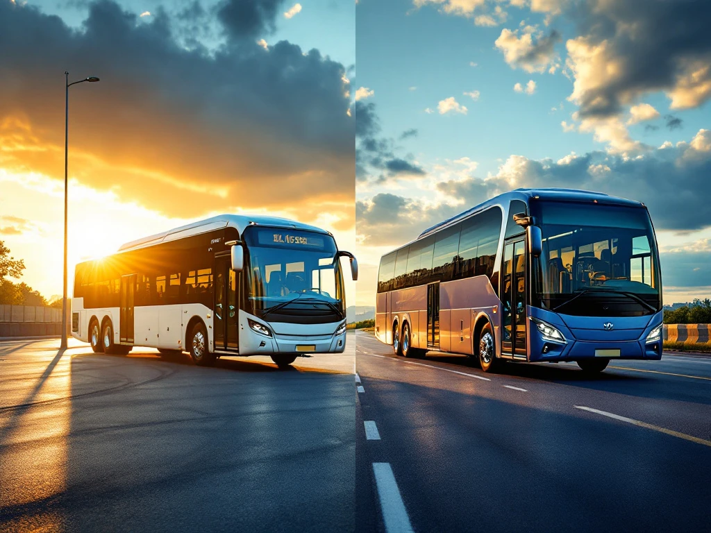 Moderne stadsbus en luxe touringcar naast elkaar op asfalt tijdens gouden uur met dramatische belichting
