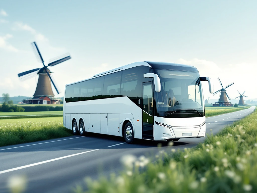 Moderne witte touringcar rijdt over Nederlandse landweg met windmolens en groene velden op de achtergrond