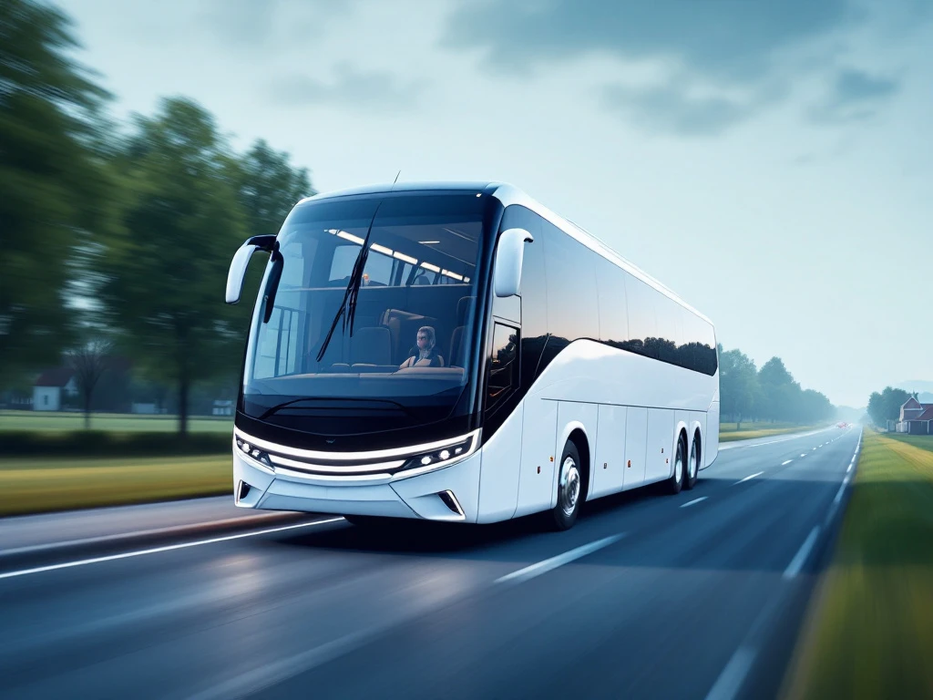 Moderne witte en blauwe touringcar rijdt door Nederlands landschap bij Arnhem met groene velden op achtergrond