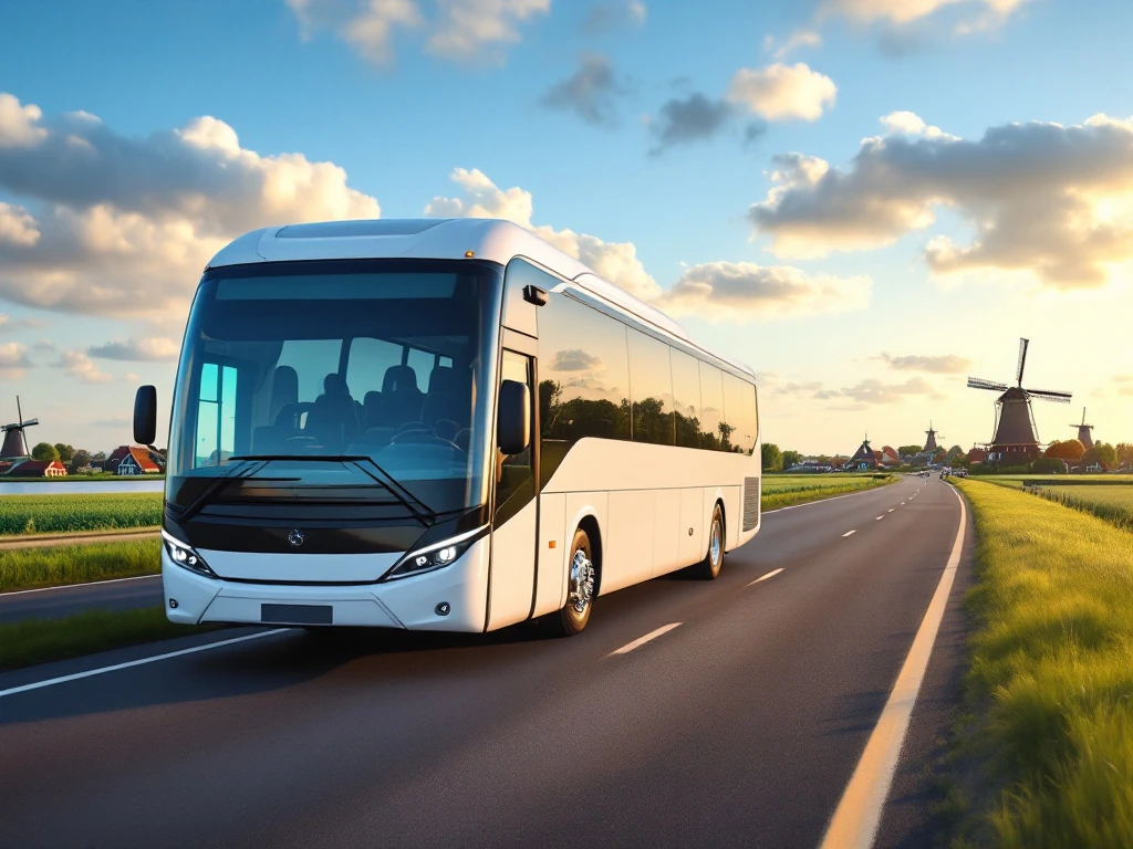 Moderne witte en blauwe touringcar rijdt over Nederlandse snelweg met windmolens en groene landschap op achtergrond