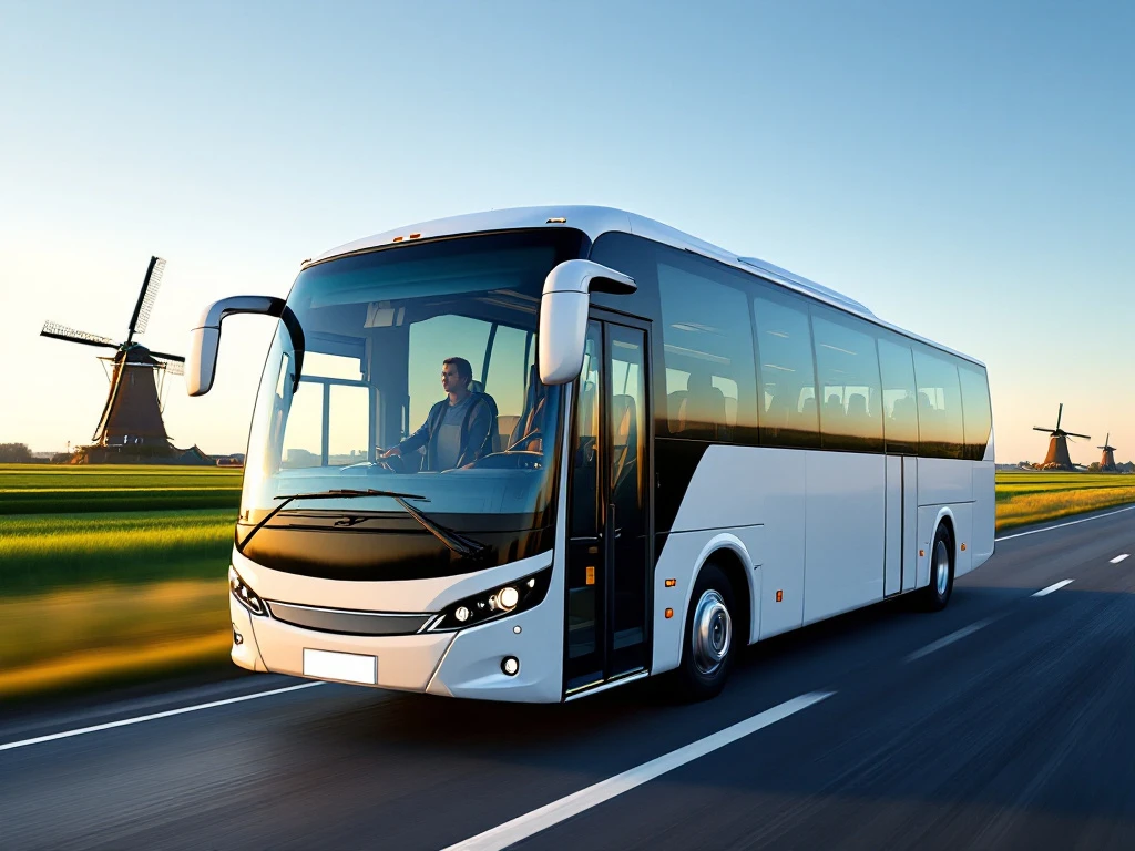 Witte en blauwe touringcar rijdt door Nederlands landschap met molens en polders bij zonsondergang