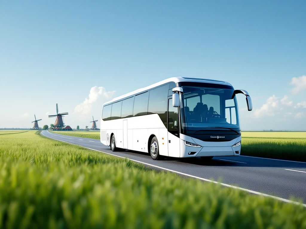 Moderne witte en blauwe touringcar op Nederlandse snelweg met windmolens en groene polders op de achtergrond
