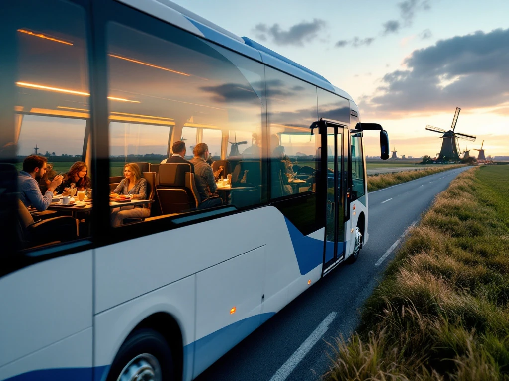 Moderne witte en blauwe touringcar rijdt door Nederlands landschap met molens, passagiers dineren binnen