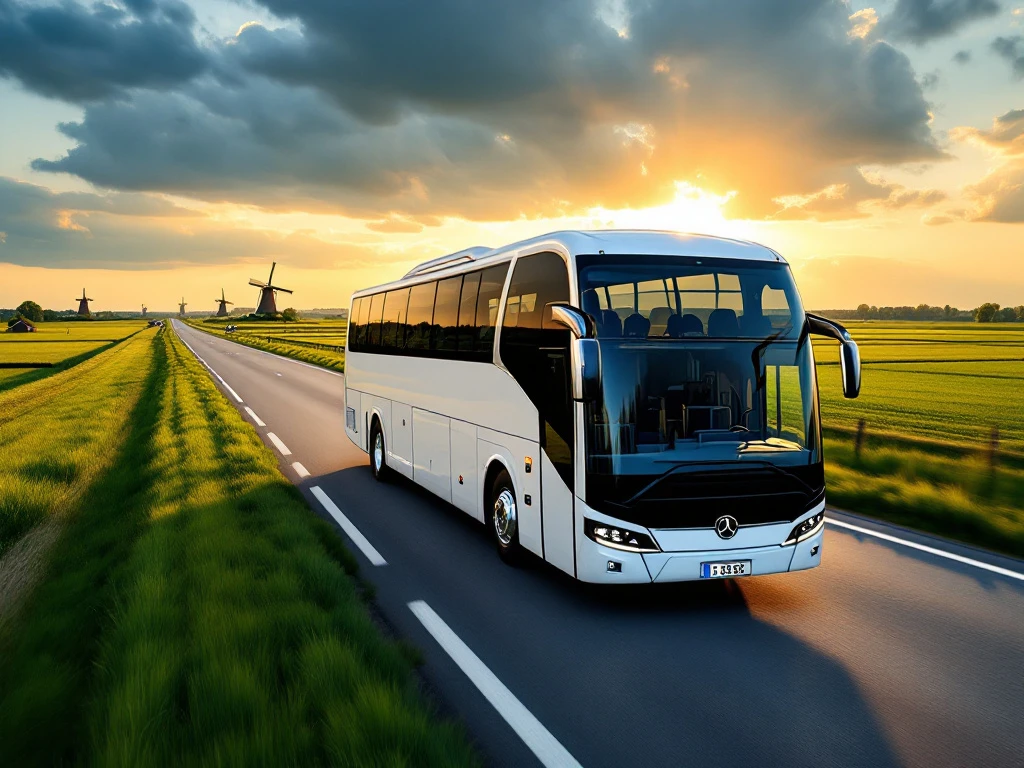Moderne witte en blauwe touringcar rijdt over Nederlandse snelweg met windmolens en groene polders op de achtergrond