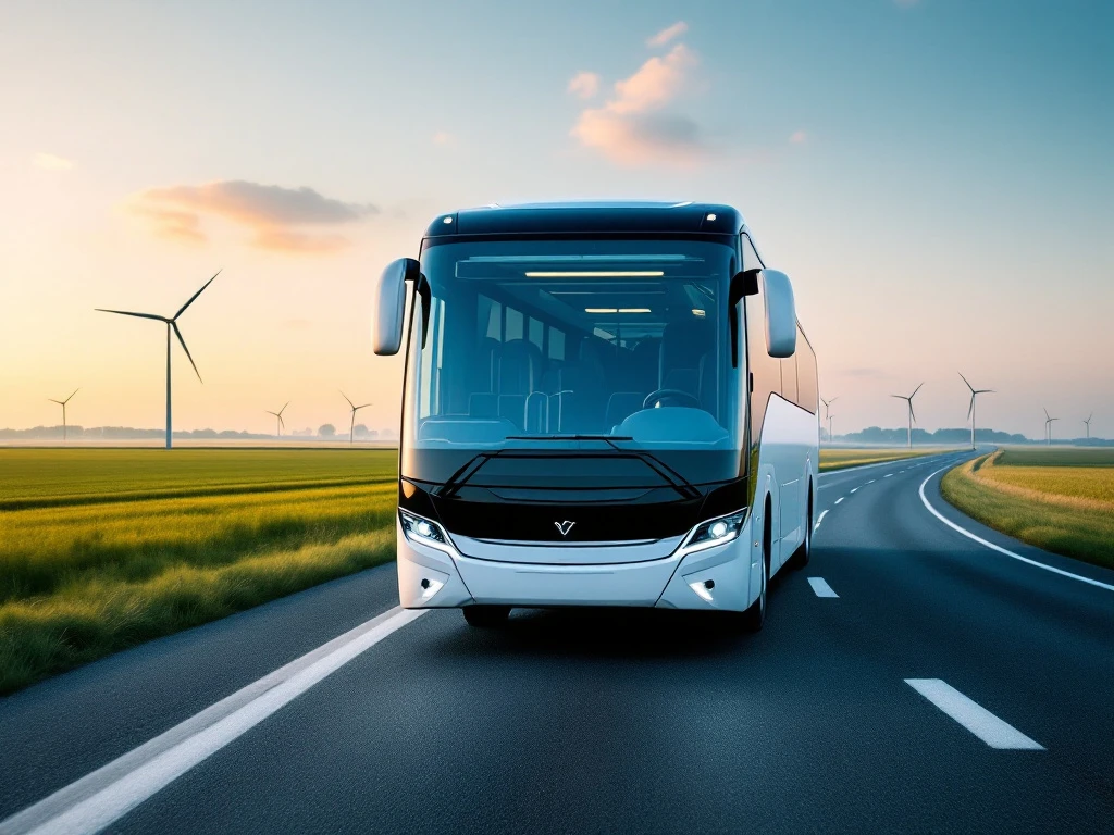 Moderne witte en blauwe touringcar voor 50 passagiers rijdt op Nederlandse snelweg met windmolens op achtergrond