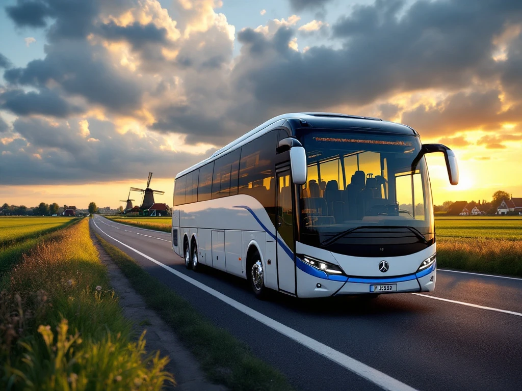 Moderne touringcar rijdt door Nederlands polderlandschap met windmolens en kanalen tijdens gouden uur