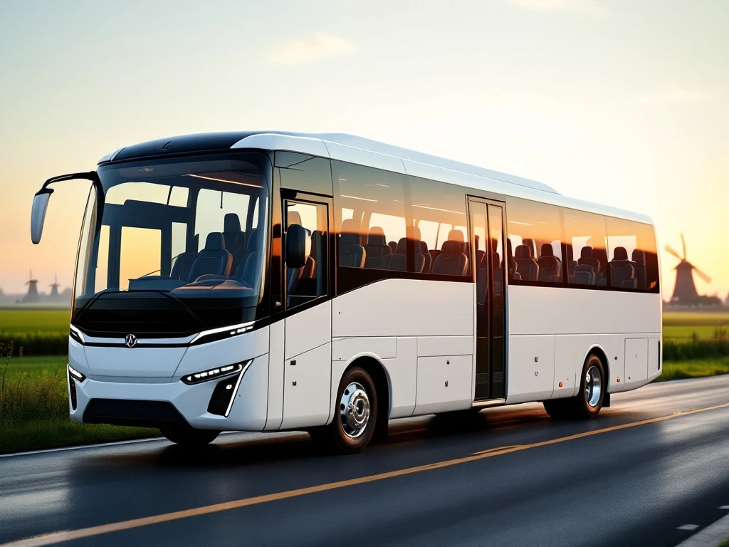 Witte moderne touringcar met panoramaramen en blauwe stoelen, geparkeerd in Nederlands landschap met windmolens op achtergrond