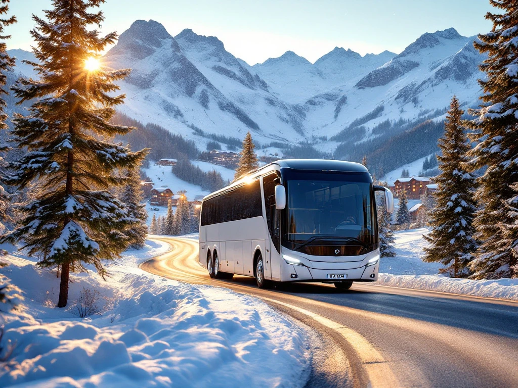Witte touringcar rijdt over besneeuwde bergweg naar Winterberg met Alpentoppen en skipistes op achtergrond