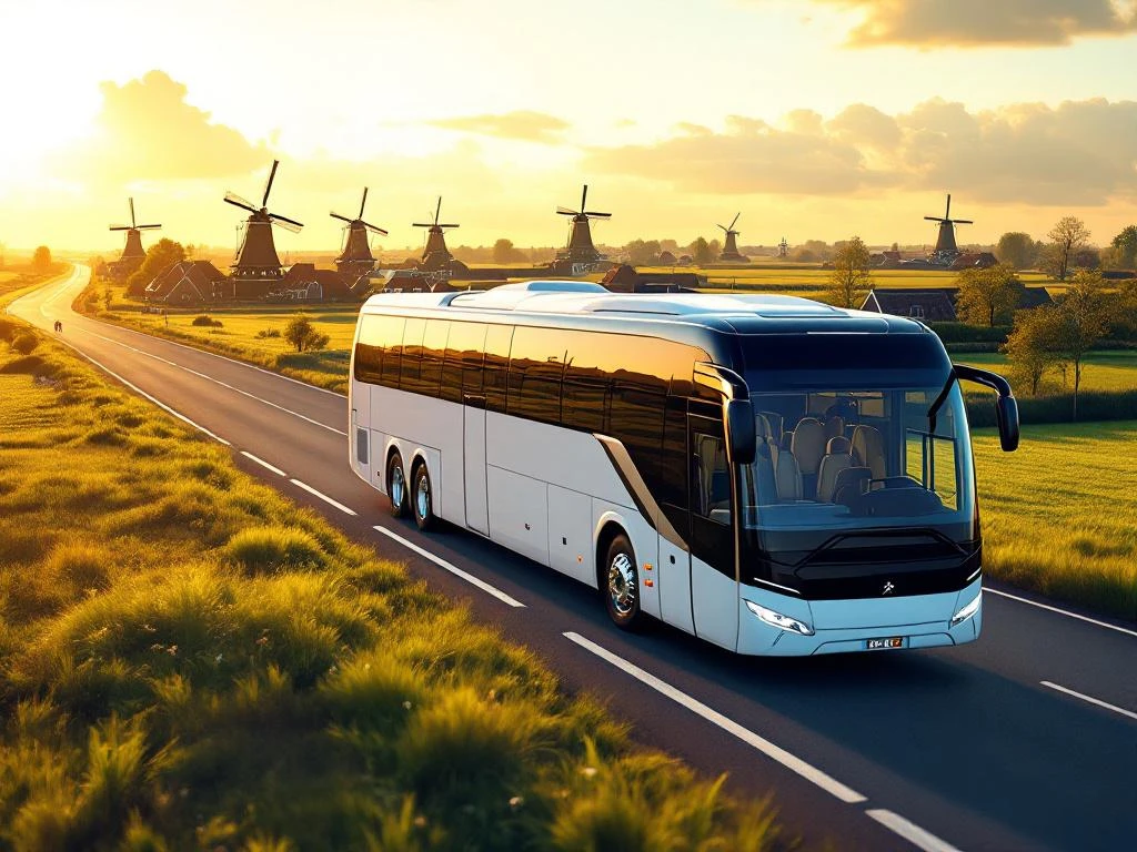 Witte en blauwe touringcar rijdt door Nederlands landschap met windmolens en polders in gouden zonlicht