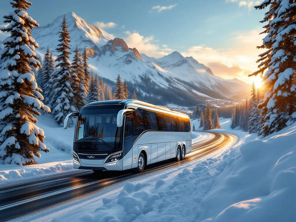 Luxe touringcar rijdt door besneeuwde berglandschap naar skioorden met dennenbomen en alpine pieken in gouden zonlicht