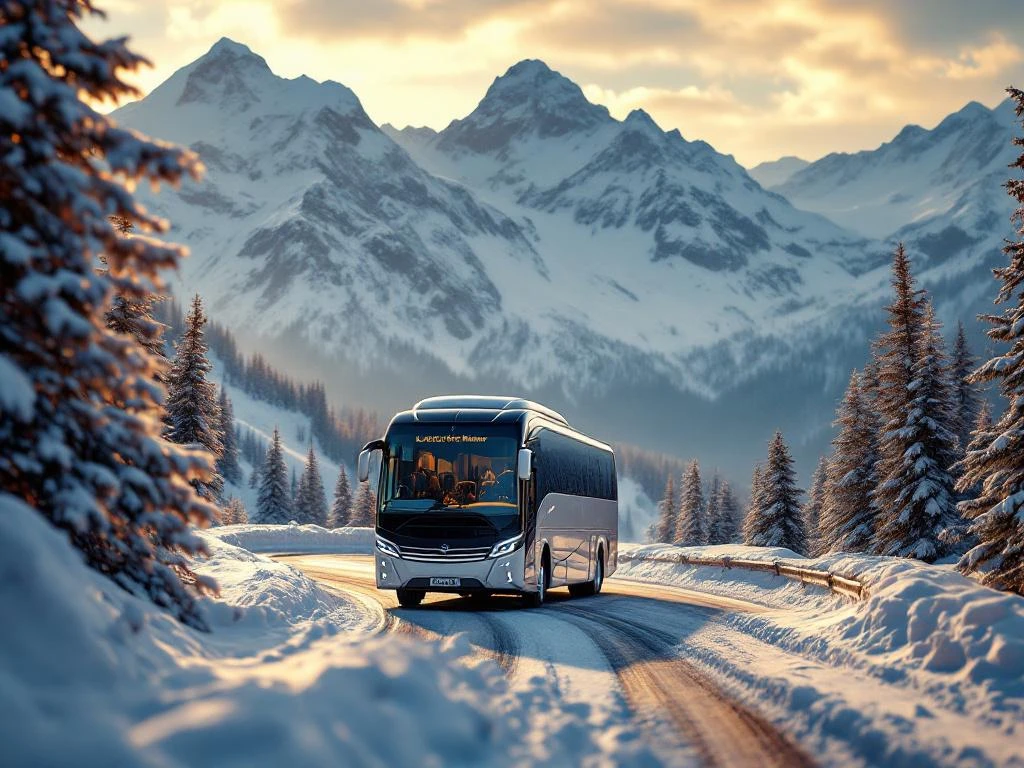 Luxe touringcar rijdt door besneeuwde berglandschap naar wintersportbestemming met dennenbomen en bergtoppen