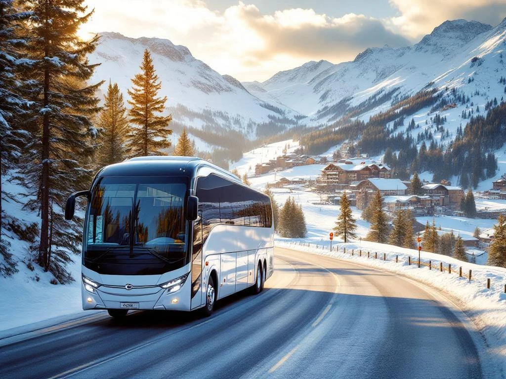 Witte en blauwe touringcar rijdt over besneeuwde bergweg naar skigebied met alpine pieken op achtergrond