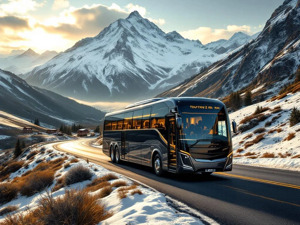 Moderne touringcar rijdt door berglandschap naar besneeuwde pieken en skioorden tijdens gouden uur