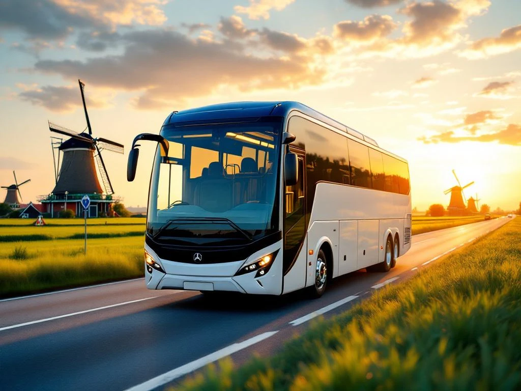 Moderne witte en blauwe touringcar rijdt door Nederlands landschap met traditionele molens en polders