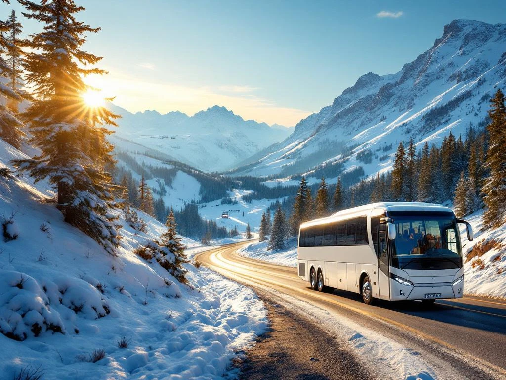 Witte touringcar van Toonen Reizen rijdt over besneeuwde bergweg naar skioord in Alpen tijdens gouden uur