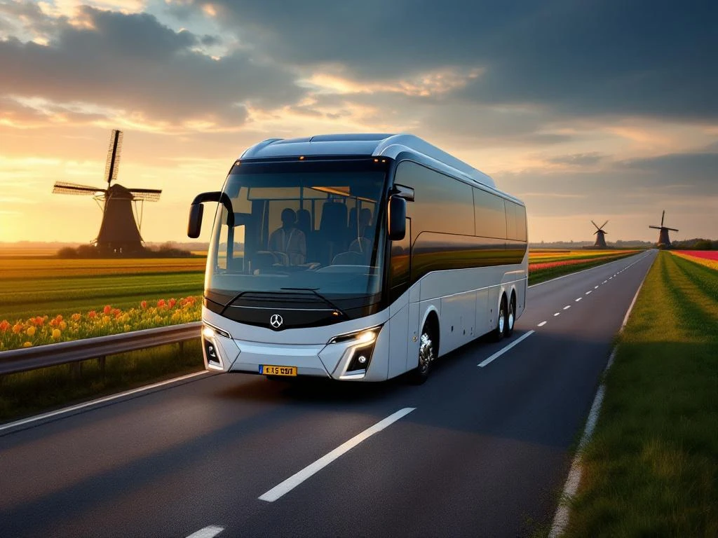 Moderne touringcar voor 50 passagiers rijdt over Nederlandse snelweg met windmolens en tulpenvelden in gouden avondlicht