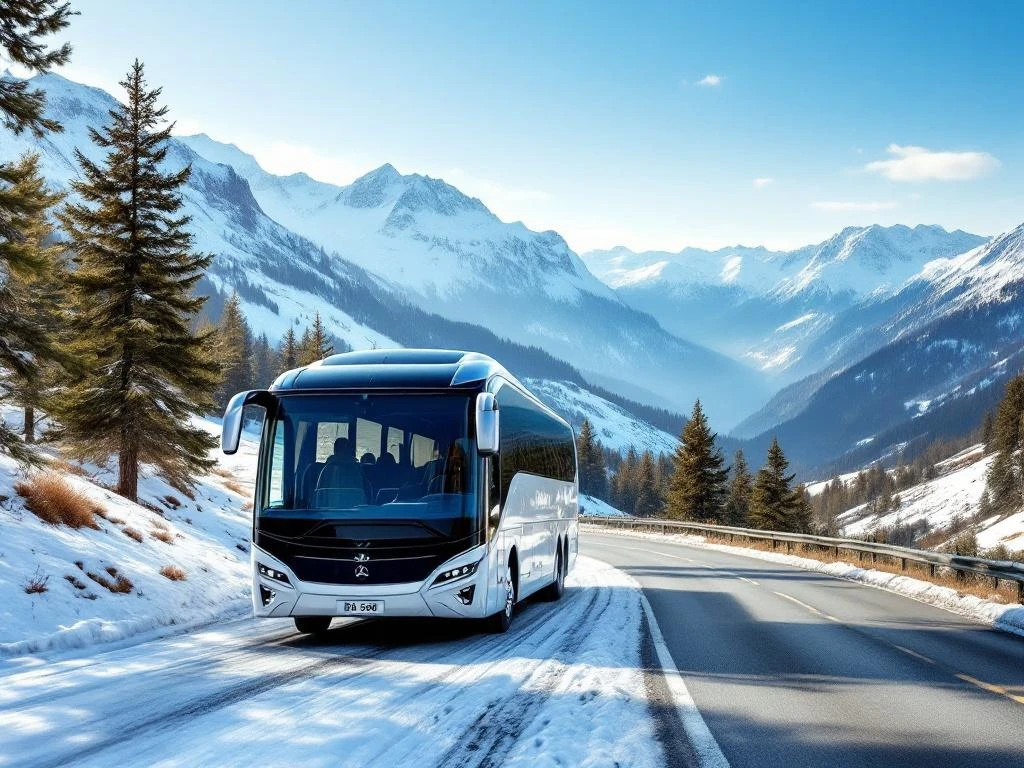 Witte en blauwe touringcar rijdt over kronkelende bergweg door besneeuwd alpenlandschap naar wintersportbestemming
