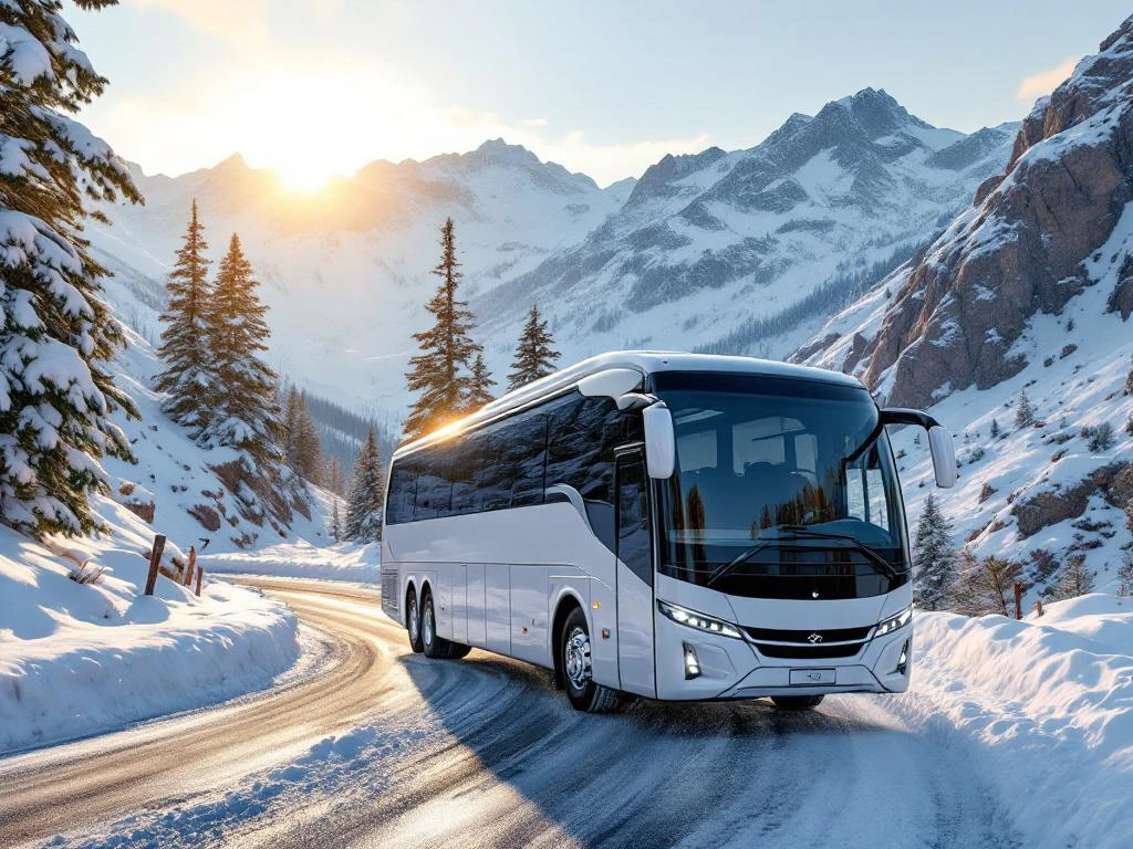 Witte touringcar rijdt door besneeuwde berglandschap naar wintersportbestemming met alpine toppen op achtergrond