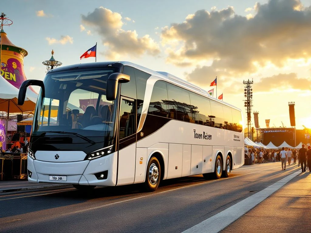 Witte luxe touringcar van Toonen Reizen geparkeerd bij kleurrijk festivalterrein tijdens gouden uur