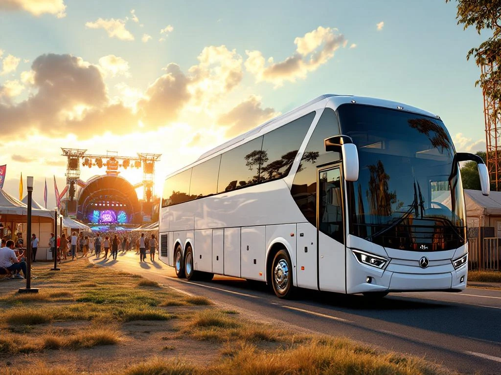 Witte touringcar geparkeerd bij kleurrijk festivalterrein met tenten en podia tijdens gouden uurtje