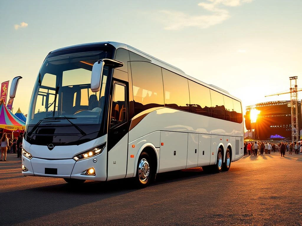 Witte touringcar met 50 zitplaatsen geparkeerd bij kleurrijk festivalterrein tijdens gouden uur