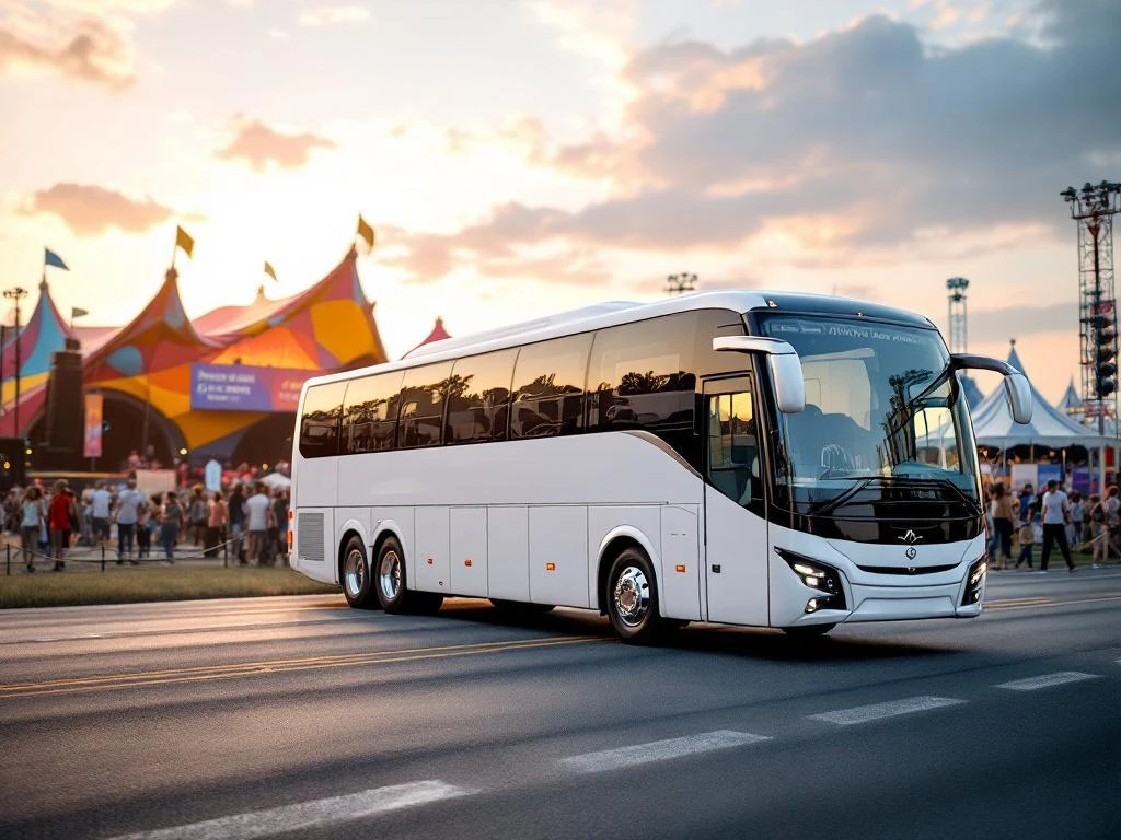 Witte touringcar voor 50 passagiers geparkeerd bij kleurrijk festivalterrein met tenten en podia op de achtergrond