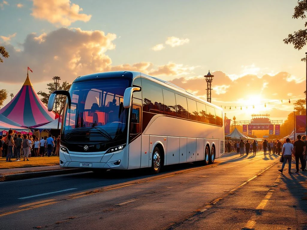 Grote witte en blauwe touringcar voor 50 passagiers geparkeerd bij kleurrijk festivalterrein met tenten en podia