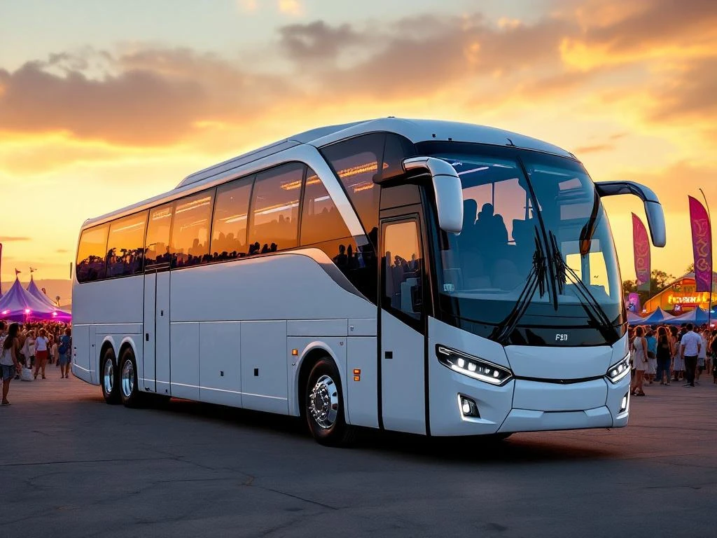 Moderne witte touringcar voor 50 passagiers geparkeerd bij kleurrijk festivalterrein met podiumverlichting