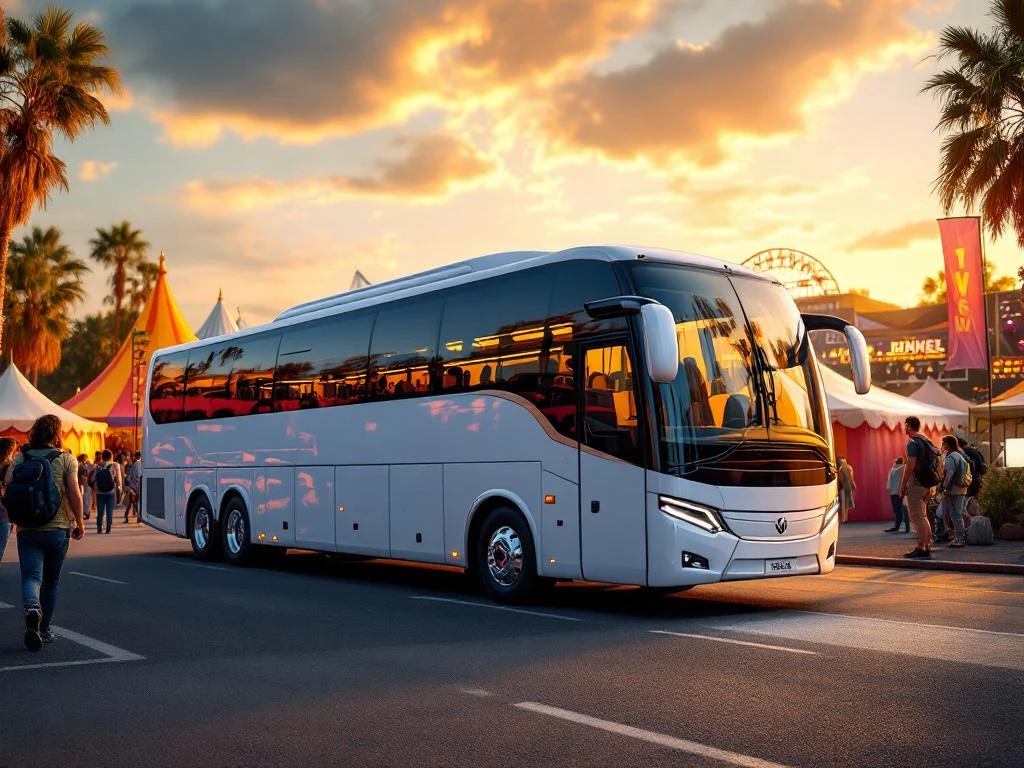 Witte touringcar voor 50 personen geparkeerd bij kleurrijk festivalterrein met tenten en bezoekers bij zonsondergang