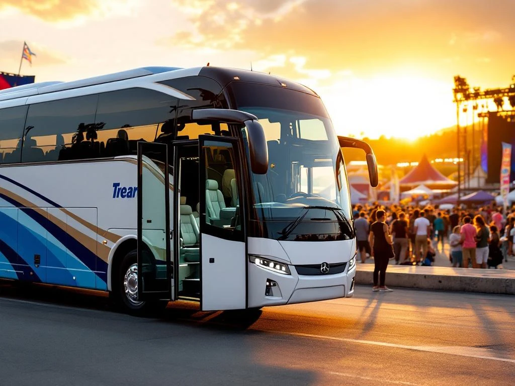 Moderne touringcar voor 50 passagiers geparkeerd bij kleurrijk festivalterrein met tenten en podia op achtergrond