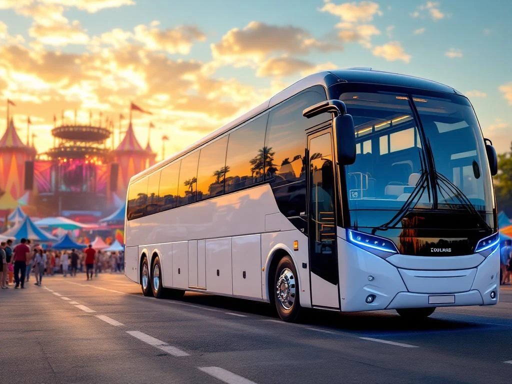 Grote witte en blauwe touringcar voor 50 passagiers geparkeerd bij kleurrijk festivalterrein met tenten en podia