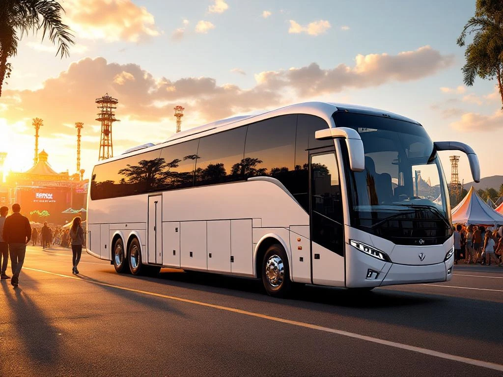 Grote witte touringcar voor 50 passagiers geparkeerd bij kleurrijk festivalterrein met tenten en podia tijdens gouden uur