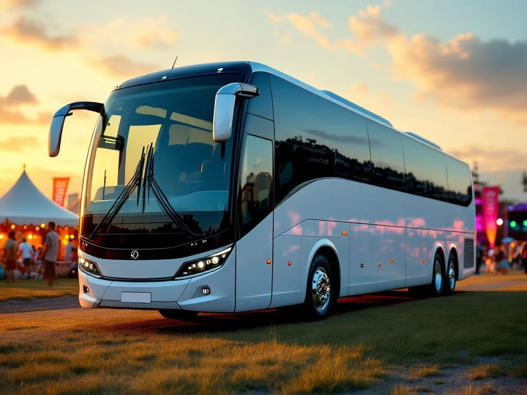 Grote witte en blauwe touringcar voor 50 passagiers geparkeerd naast kleurrijk festivalterrein bij zonsondergang