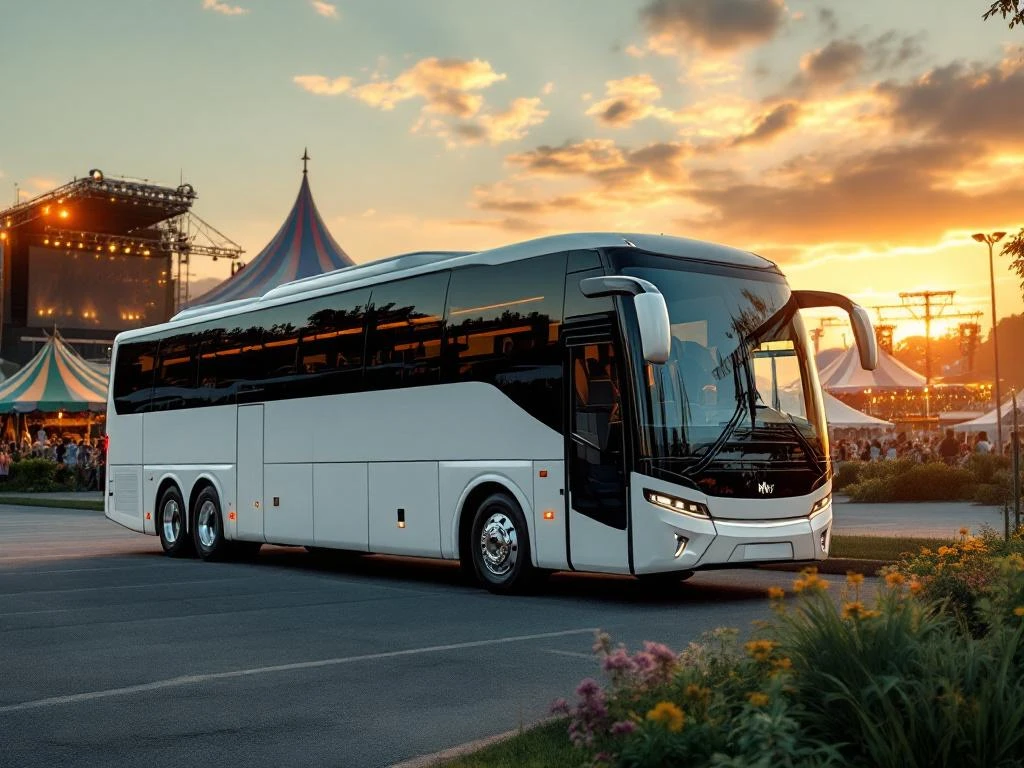 Moderne witte touringcar met panoramaramen geparkeerd bij kleurrijk festivalterrein met tenten en podia