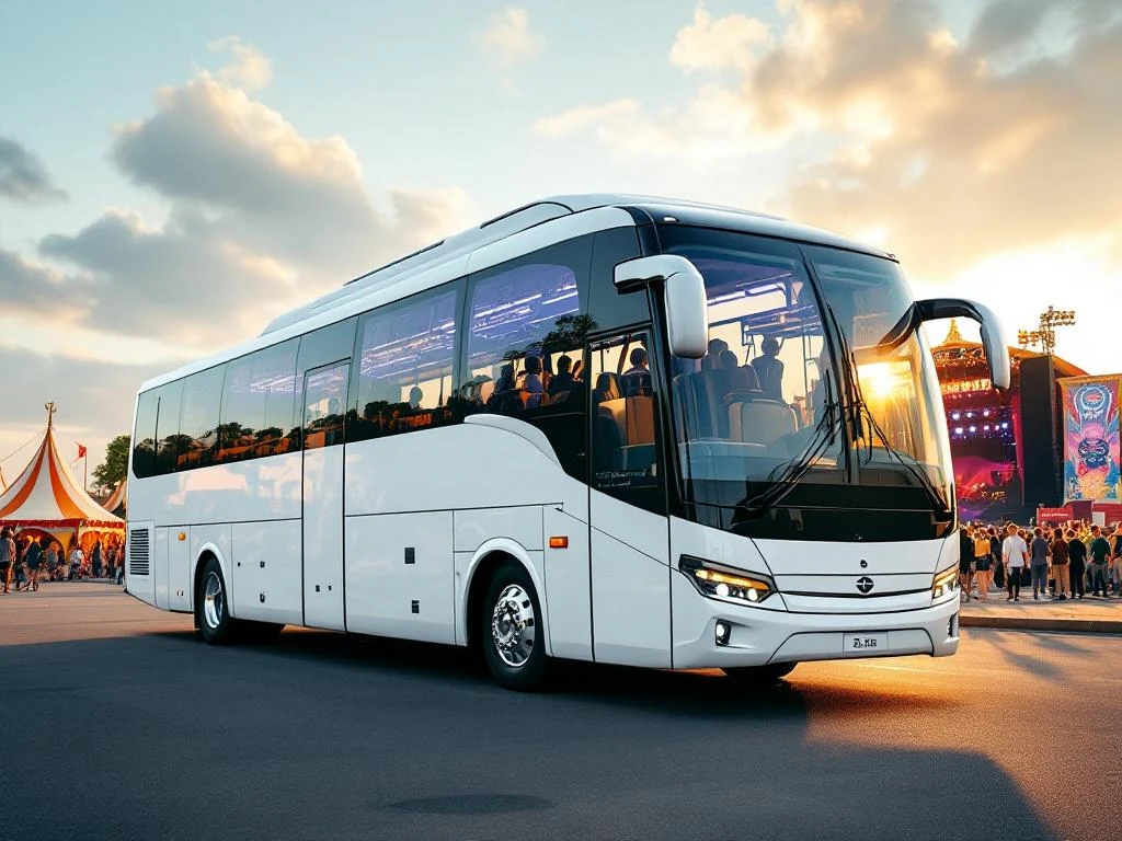 Witte touringcar met panoramaramen geparkeerd bij kleurrijk festivalterrein met tenten en podiumstructuren
