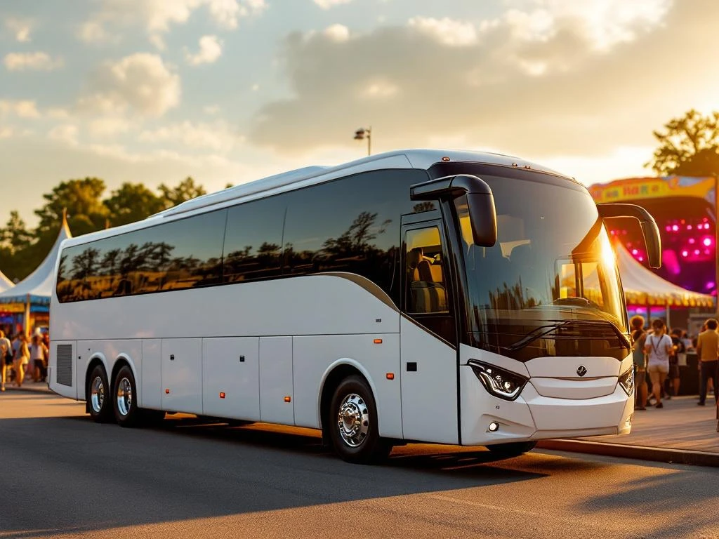 Moderne witte touringcar geparkeerd bij kleurrijk festivalterrein tijdens gouden uur met tenten en podia op achtergrond