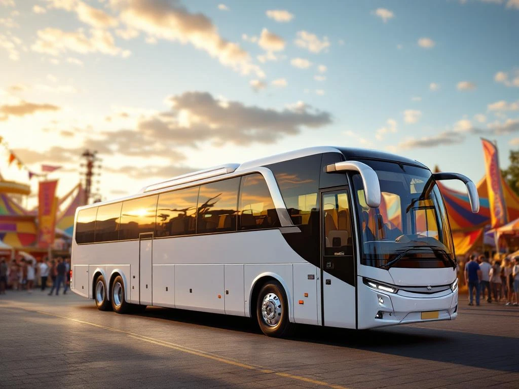 Grote witte touringcar geparkeerd bij kleurrijk festivalterrein met tenten en podiumstructuren tijdens gouden uur