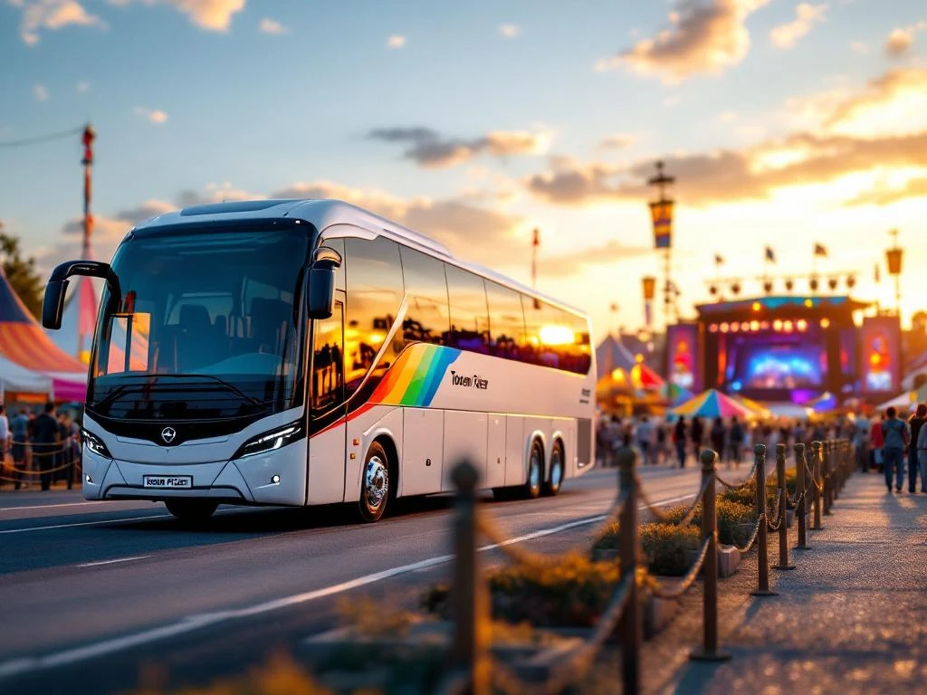 Witte Toonen Reizen touringcar voor 50 passagiers geparkeerd bij kleurrijk festivalterrein met tenten en podia