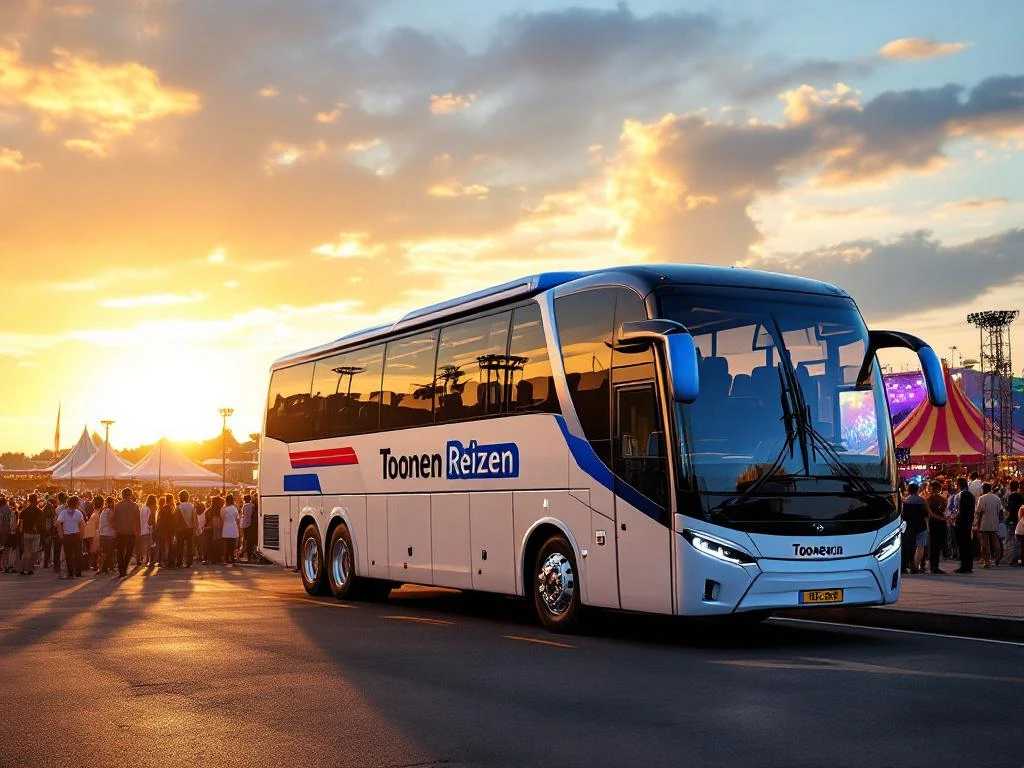 Toonen Reizen tourbus geparkeerd bij kleurrijk festival tijdens gouden uur, met verlichte tenten en menigte op achtergrond