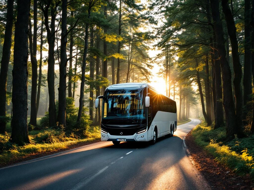 Moderne touringcar rijdt door Nederlands bos in Gelderland met dennenbomen en eikenbomen in gouden avondlicht