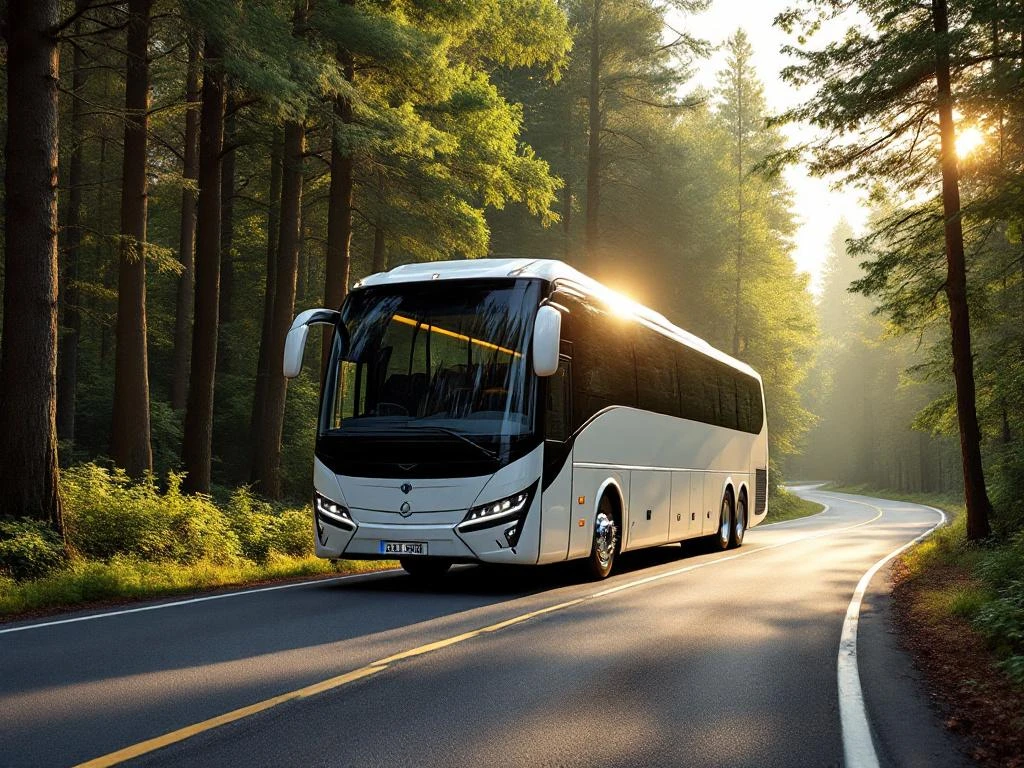 Witte touringcar met panoramaramen rijdt door Nederlands bos met dennenbomen en eikenbomen in gouden zonlicht