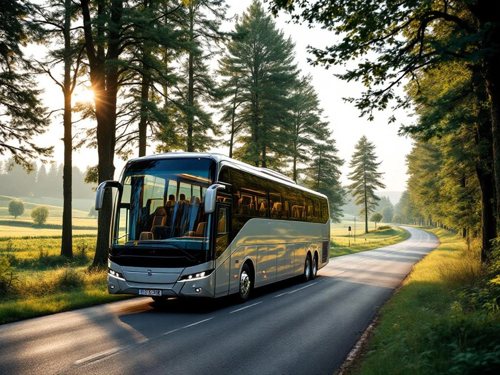 Moderne touringcar rijdt over bosweg door Nederlandse natuur met zonlicht door bomen
